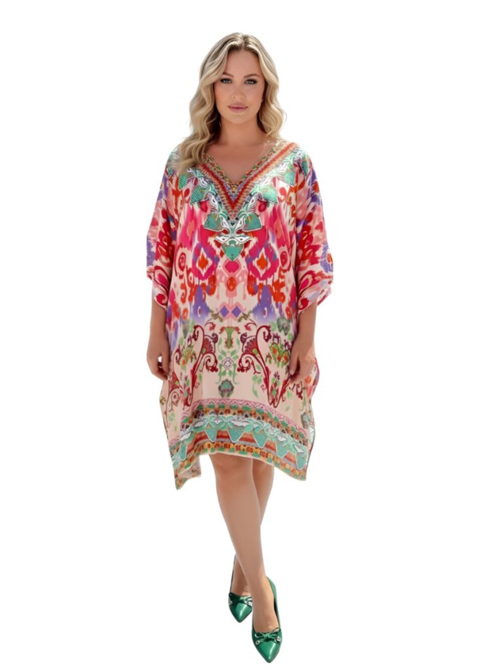 Women’s Plus Size Multicolor Digital Print Satin Silk Tunic 1X-3X Dress